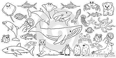 Big set vector cartoon outline isolated sea ocean north animals. Doodle whale, dolphin, shark, stingray, jellyfish, fish, crab, Vector Illustration