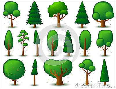 Big set of vector deciduous and coniferous trees. Game UI flat. Stylized tree for logo, games or cards Vector Illustration