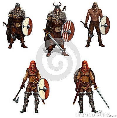Big set of viking warriors with shields and swords and axes isolated realistic illustration. Cartoon Illustration