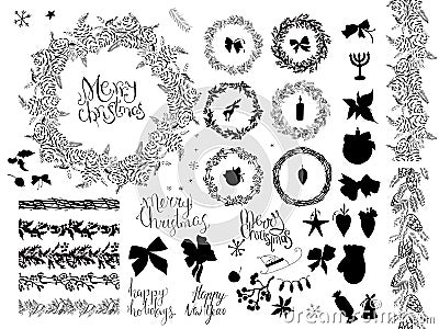 Big set with vintage Christmas decoration. Festive elements and symbols for new year season design. Monochrome,contour, black and Stock Photo