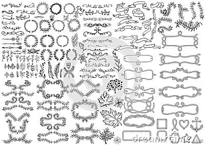 Big set of vintage elements. Vector decoration collection. Hand drawn flowers and leaves, ribbons and page decor. Vector Illustration