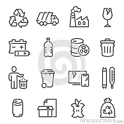 Big set of waste sorting, recycling thin line icons isolated on white. Garbage collection outline pictograms. Vector Illustration