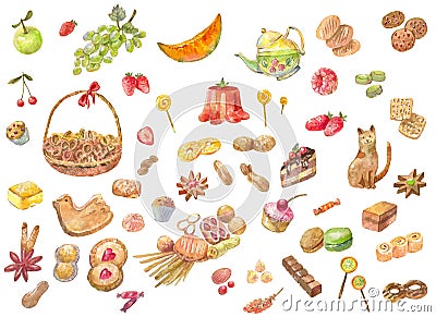 Big set of watercolor fruits, bakery products, sweets, candy, ca Stock Photo