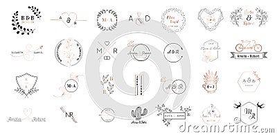 Big set of Wedding monogram logos collection, hand drawn modern minimalistic and floral templates for Invitation cards Vector Illustration