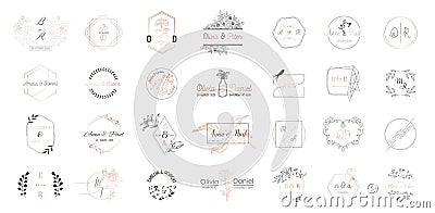 Big set of Wedding monogram logos collection, hand drawn modern minimalistic and floral templates for Invitation cards Vector Illustration