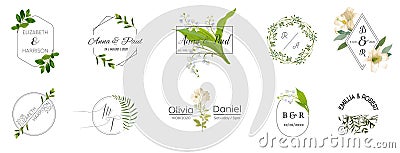 Big set of Wedding monogram logos collection, hand drawn watercolor rustic and floral templates for Invitation cards Save the Date Vector Illustration
