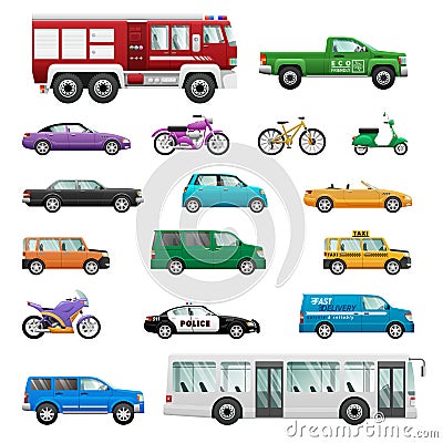 Big Set of wheeled transport in Flat design. Vector Illustration