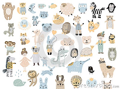 Big set of wild cartoon animals pets. Cute handdrawn kids clip art collection. Stock Photo