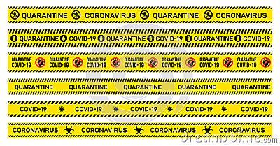 Big Set of yellow caution tape with Quarantine, Covid-19, Coronavirus written on it. Warning sign of outbreak. Vector illustration Cartoon Illustration