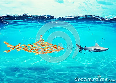 Big shark made of goldfishes attack a real shark. Concept of unity is strength, teamwork and partnership Stock Photo