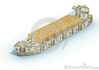 Big ship from a money with cargo of gold ingots Stock Photo