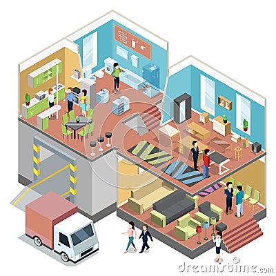 Big shopping center with interior of modern furniture shop. Vector isometric illustrations set Vector Illustration