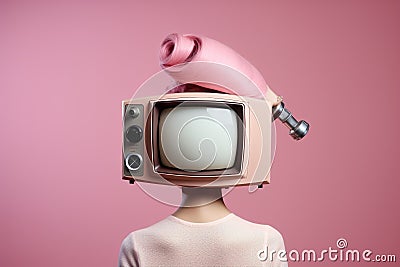 Medium shot girl, collage art with lady with tv Stock Photo