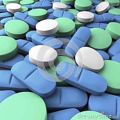 Medium shot of many green, blue and white tablets Stock Photo