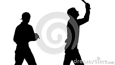 Silhouette Three guys checking documents while dancing in a row. Stock Photo