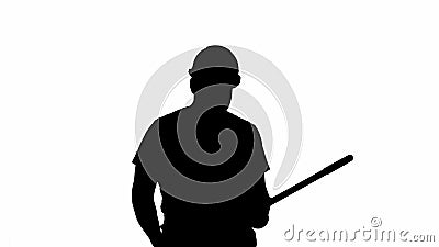 Silhouette Cheerful man playing on the swob like it is a guitar. Stock Photo