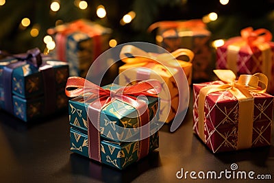 medium-shot of teeny gift boxes with geometrical festive patterns Stock Photo