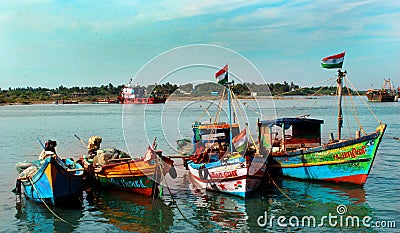 Big and small boats ready to catch fish in the karaikal beach. Editorial Stock Photo