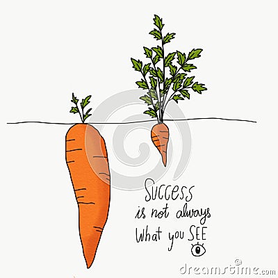 Big and small carrot and word success is not always what you see cartoon watercolour painting, Business concept Cartoon Illustration