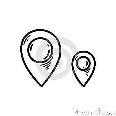 Big and small doodle location pin icons. Hand drawn sketch gps location marker. Travel navigation pointer Vector Illustration