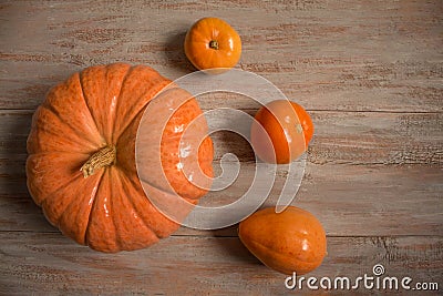 Big and small orange pumkins on the wooden boards. Stock Photo