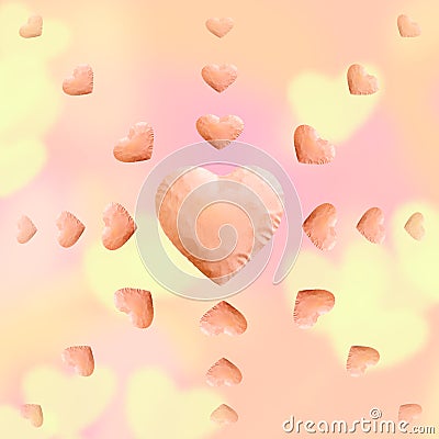 Big and small pink hearts and pink background and copy space. yellow heart bright, pink background Stock Photo