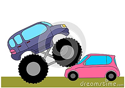 Big, small wheels, cogwheel. Monster track on pink car. Momentum, torque. Actual leverages. Physics, race illustration vector. Vector Illustration