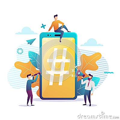 Big smartphone with hashtag sign, small people and social networks. Vector illustration. Colorful flat style Cartoon Illustration