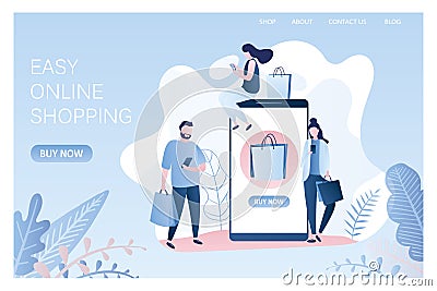 Big smartphone with shopping icon and people with shopping bags and mobile phones Vector Illustration