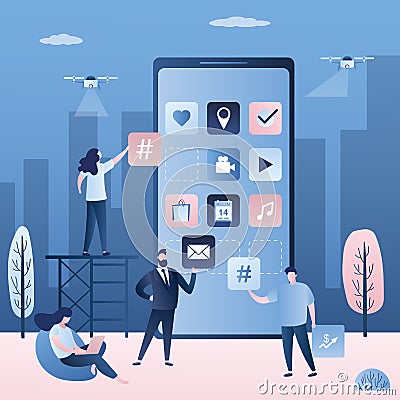 Big smartphone and software or mobile app development. Programmers and business people with buttons and signs Vector Illustration