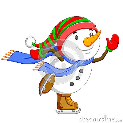 A big snowman is dancing and jumping with his brown ice skating shoes Vector Illustration