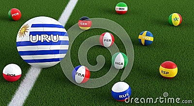 Big Soccer ball in Uruguays national colors surrounded by smaller soccer balls in other national colors. Stock Photo