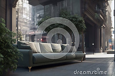 Big sofa on city street. Soft comfortable couch in middle of street. Concept of place of rest. Generative AI. Stock Photo