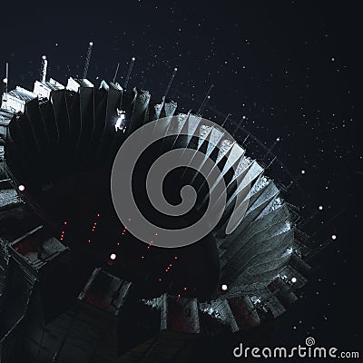 Big space station opening dock in dark outer space with small figure of astronaut cosmonaut floating inside in zero Cartoon Illustration