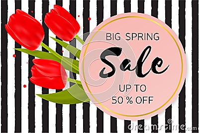 Big Spring sale background with beautiful flowers. Vector Illustration