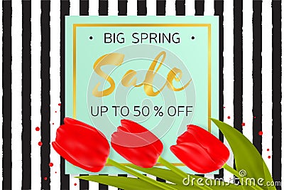 Big Spring sale background with beautiful flowers. Vector Illustration