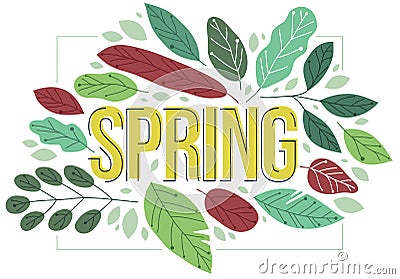 Big spring word surrounded by green fresh leaves of European forests vector flat style illustration isolated on white, beauty of Vector Illustration