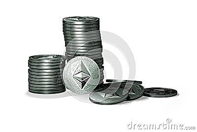 Big stack of Ethereum classic ETC coins isolated on white background. Editorial Stock Photo