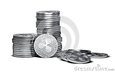 Big stack of Ripple coins XRP isolated on white background. Editorial Stock Photo