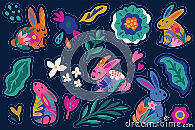 Big sticker set with adorable bunnies and floral elements in flat style. Bright collection of nature elements in vector Vector Illustration