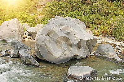 Big Stone. Mountain Rapid River in Italy. Sicily Island, Italy, Alcantara Gorge Stock Photo