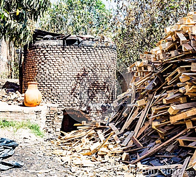 Big stone outside brick oven for baking chimeneas in Mexico Stock Photo