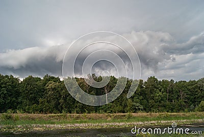 Big storm cloud flying out from behind the forest Stock Photo