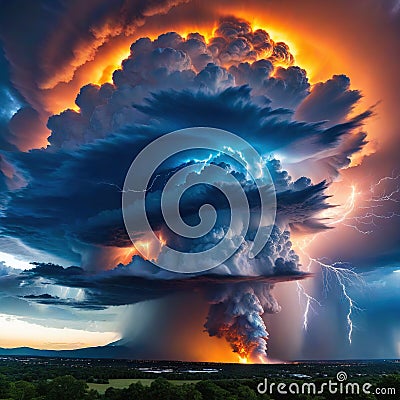 a big stormy cloud with a lot of A fire hurricane ravages the cloudscape in the A visual representation of climate change induced Cartoon Illustration