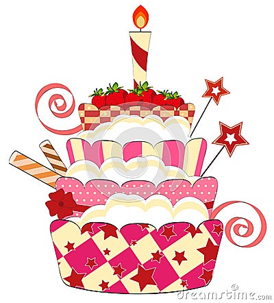 Big strawberry birthday cake Vector Illustration