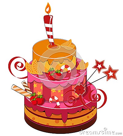 Big strawberry birthday cake Vector Illustration