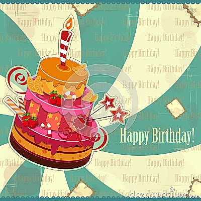 Big strawberry birthday cake Vector Illustration