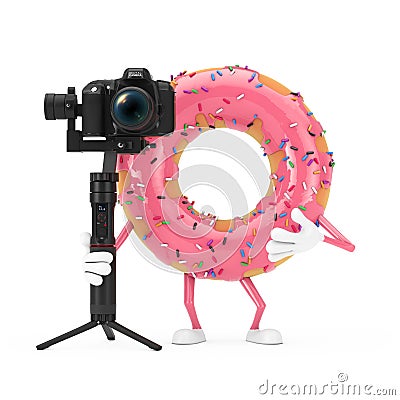Big Strawberry Pink Glazed Donut Character Mascot with DSLR or Video Camera Gimbal Stabilization Tripod System. 3d Rendering Stock Photo