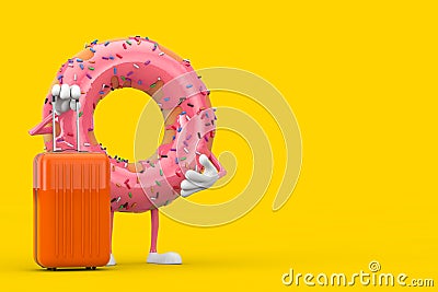Big Strawberry Pink Glazed Donut Character Mascot with Orange Travel Suitcase. 3d Rendering Stock Photo