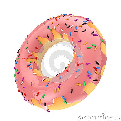 Big Strawberry Pink Glazed Donut with Color Sprinkles. 3d Render Stock Photo